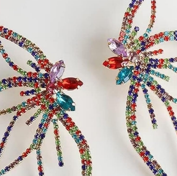 4 Inch Art Deco Black Abstract Flower Statement Earrings Crystal Butterfly Wings - Picture 7 of 7